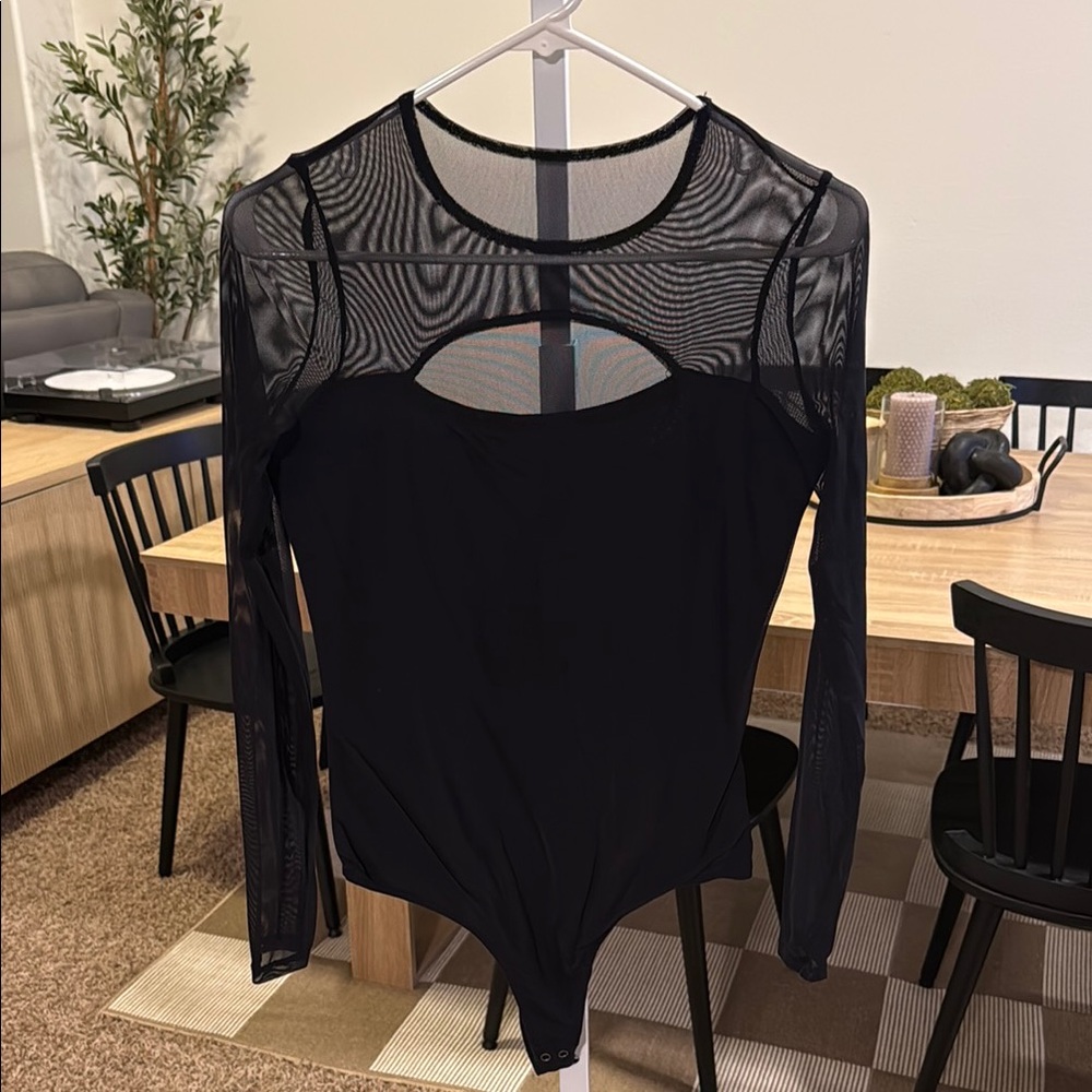 Hollister Black Long Sleeve Cut Out mesh top Bodysuit new without tags